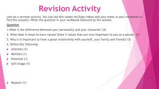 Life Orientation - Grade 7 - Revision Activity