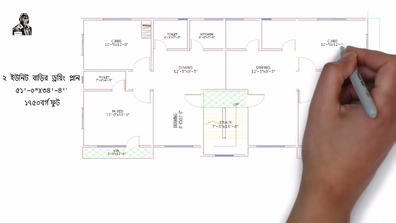 ২ ইউনিট বাড়ির ড্রয়িং ১৭৫০বর্গ ফুট গ্রাম ও শহরের বাড়ির নকশা Building Plan 1 1750 square feet 2 unit