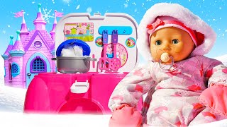 Baby Annabell doll goes for a walk. Toy kitchen playset. Snow porridge for the baby doll. Kids video