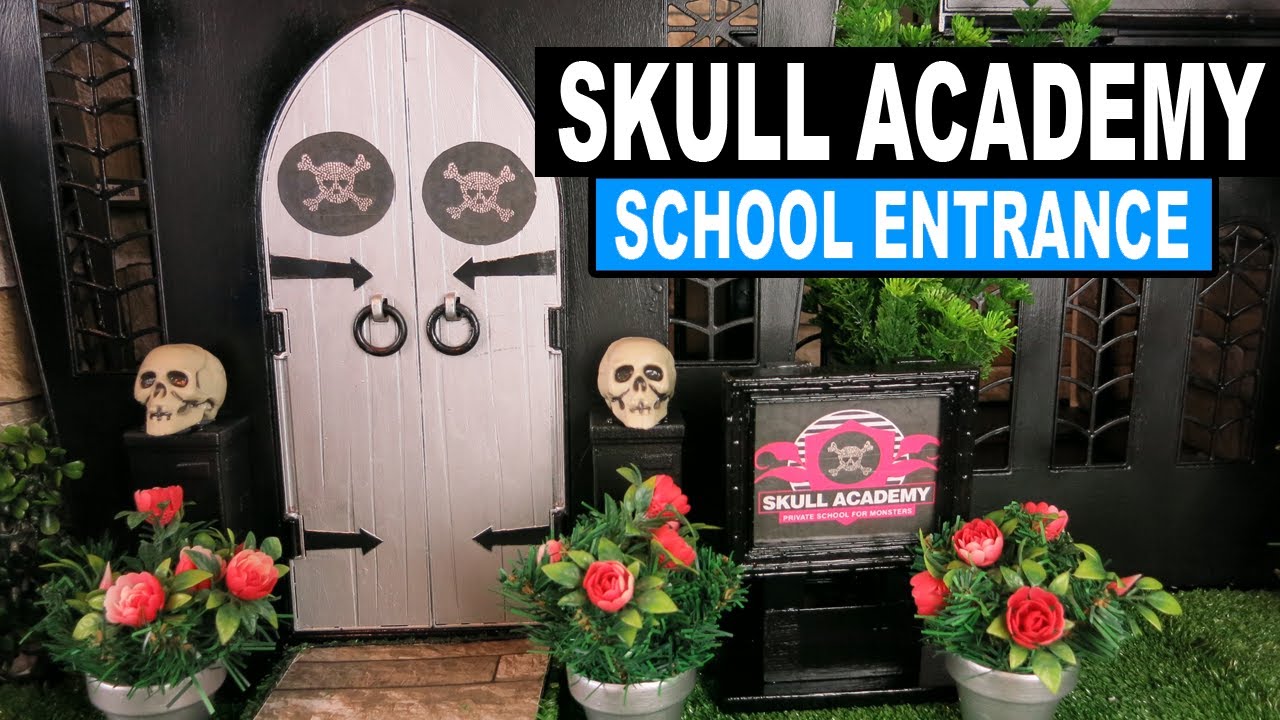 Modern Miniature School House Makeover I Skull Academy Front Entrance