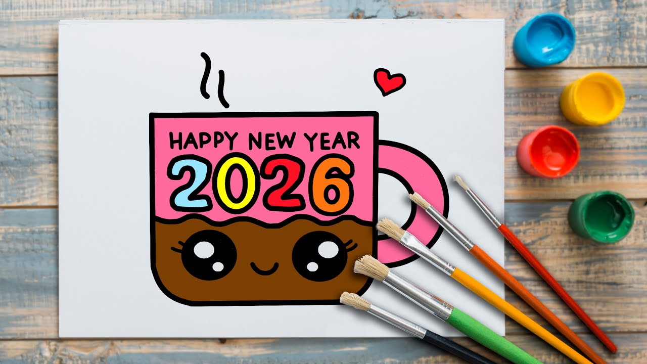 Как нарисовать милую новогоднюю кружку 2026 года: просто и легко для детей.