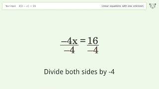 Linear equation with one unknown: Solve 4(2-x)=24 step-by-step solution