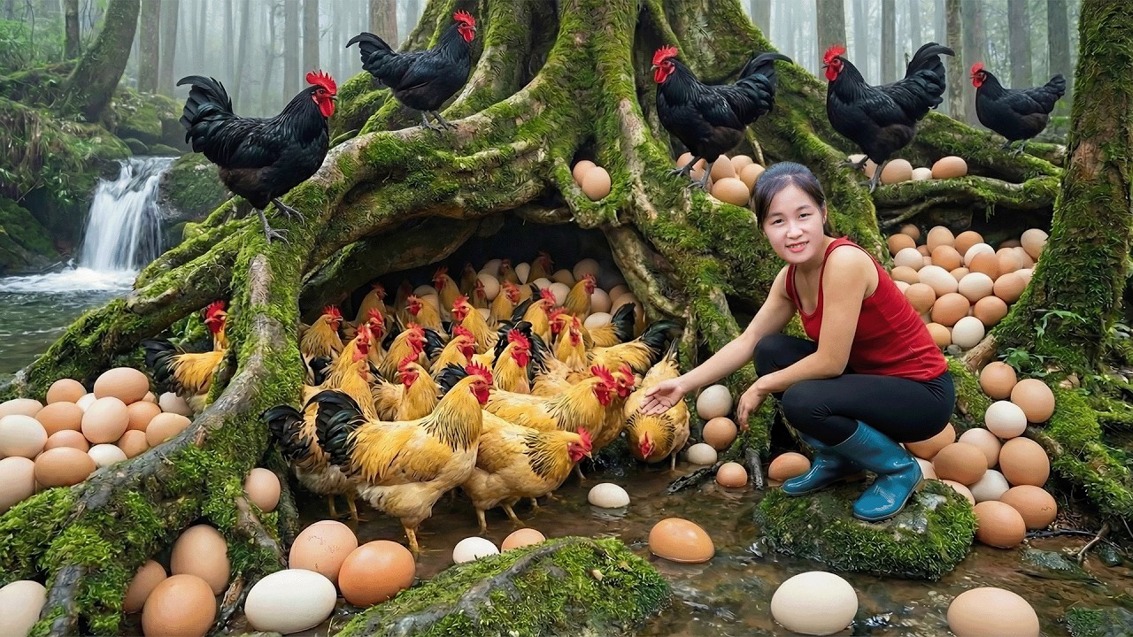 Harvesting 1000+ Forest Chicken and Eggs in Tree Hollow | Build Many Nest For Hens To Lay Egg