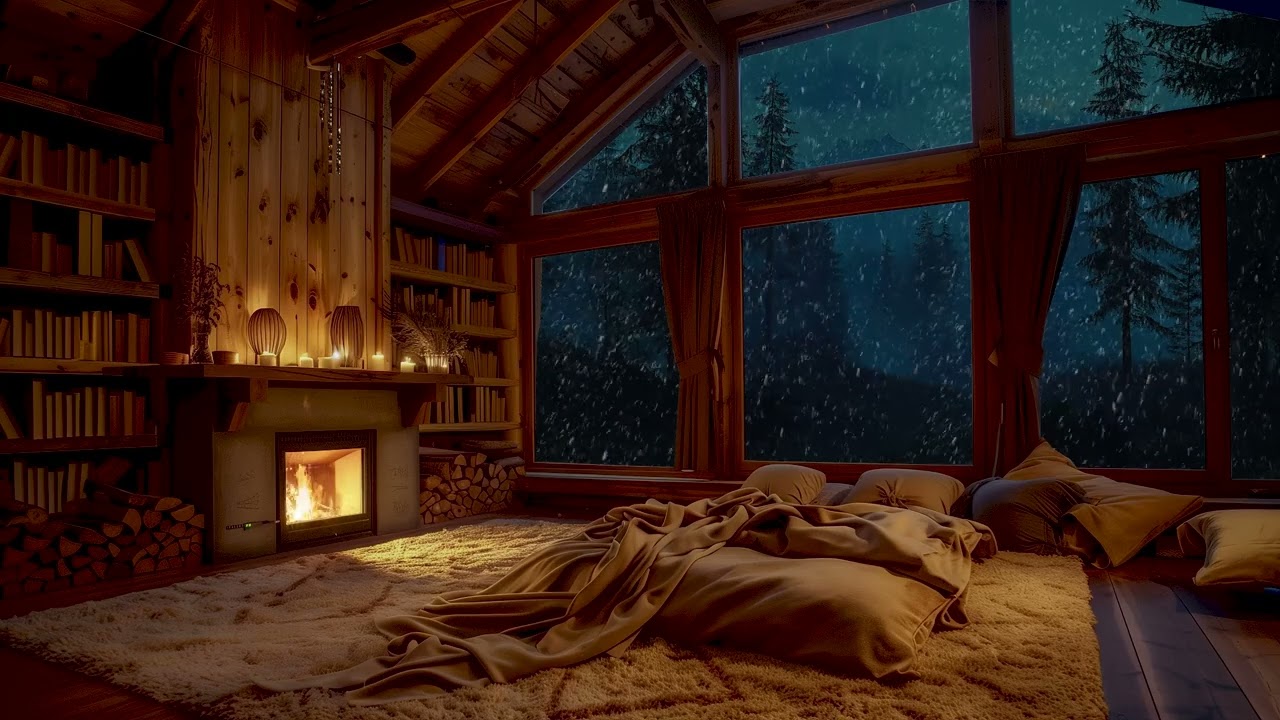 Snowy Night in a Warm Wooden Cabin | Relaxing Fireplace & Soft Winter Sounds for Sleep