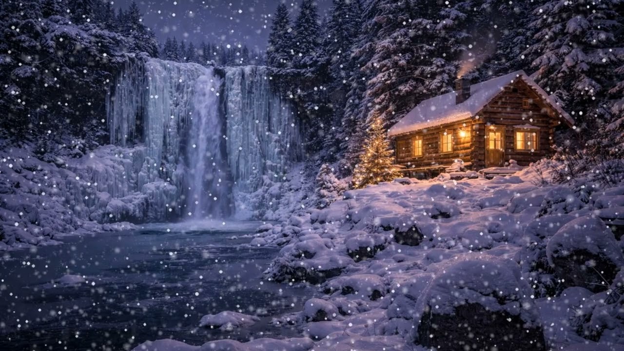 Snowfall by a Frozen Waterfall ❄️ Snowcore Chillstep | Winter Night Ambience