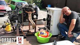 Fitting a car engine to a washing machine (spinning it up in 5th gear)