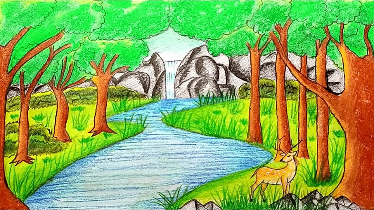 How to draw a jungle scenery | Forest landscape drawing very easy