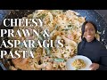 Quick, easy and cheesy prawn + asparagus pasta recipe