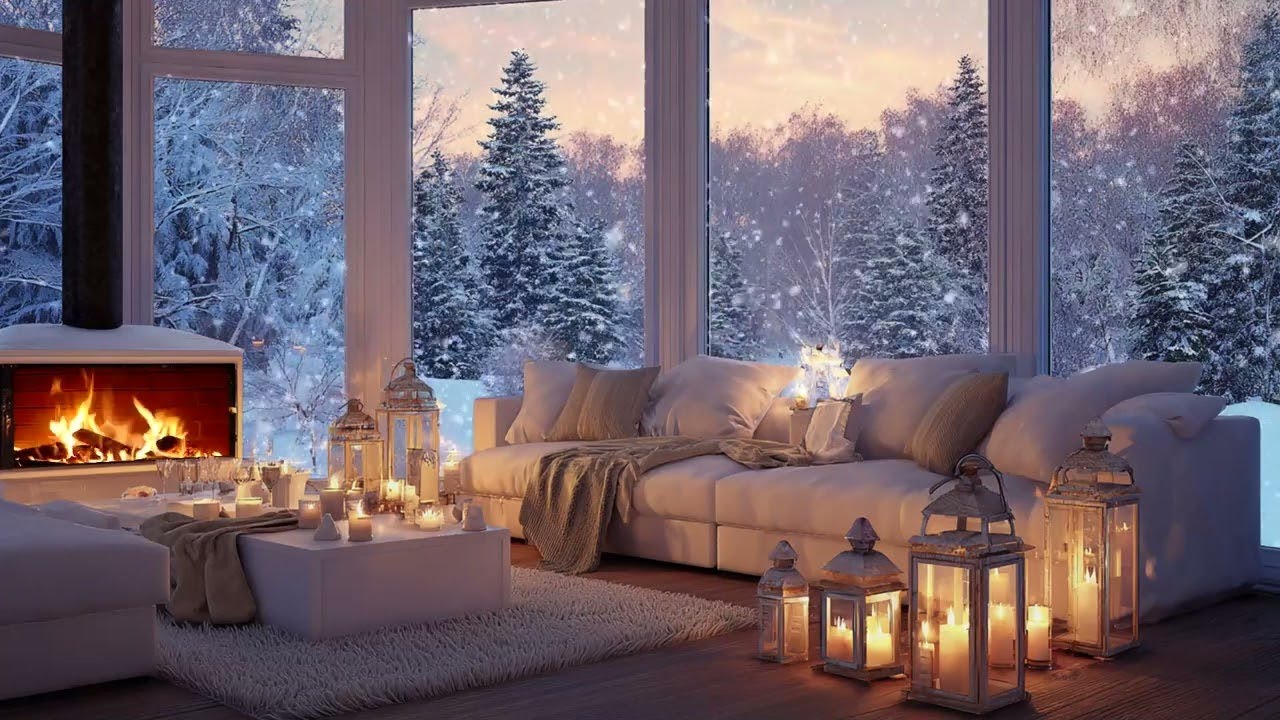 ❄️ White Lounge Winter Piano  Soft Piano Music with Snow & Fireplace  Calm Sleep Study Healing