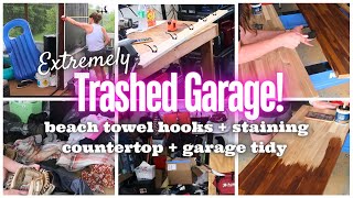 TRASHED GARAGE TIDY UP! BUILDING A TOWEL HOLDER FOR THE POOL + STAINING COUNTERTOPS. LET'S DO THIS!