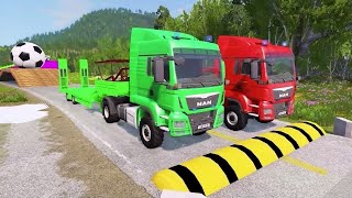 Double Flatbed Trailer Truck vs Speedbumps Train vs Cars Beamng.Drive #180  With Reverse