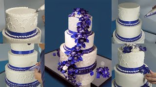 Awesome Unique Blue Cake With Beautiful Flowers Decorating