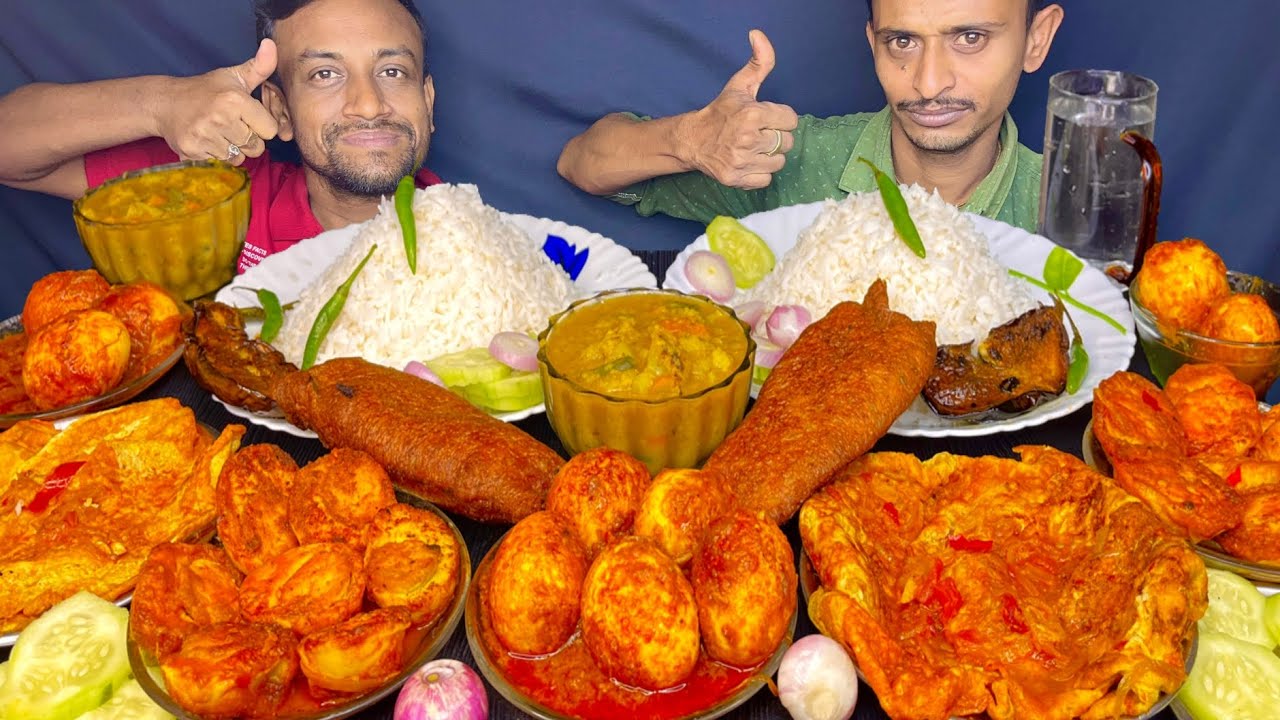 Egg Special Challenge || Rice, Egg Omelette Curry, Spicy Egg Curry, Brinjal Fry Pakoda & Sabji Dal