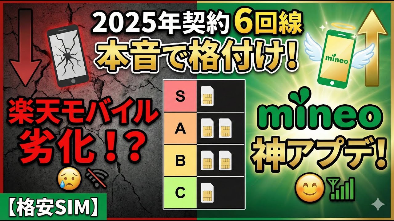 楽天モバイル劣化！？mineo神アプデ！2025年契約した6回線を本音で格付け【格安SIM】
