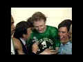 Celtics 1984 NBA championship locker room celebration, trophy presentation, interviews w/ Musburger
