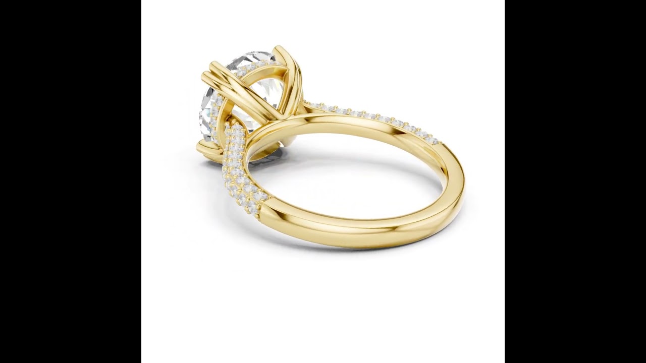 Round Cut Diamond Hidden Halo Triple Row Pave Band Engagement Ring
