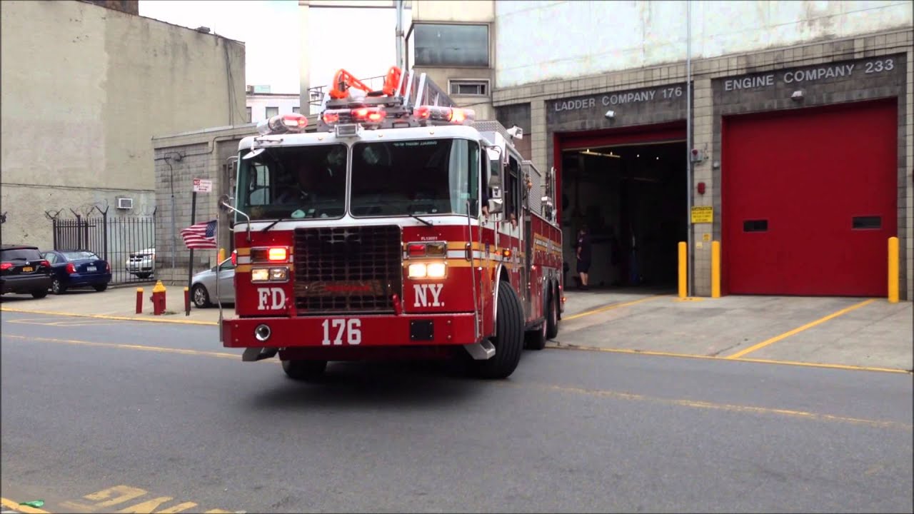NEW FDNY LADDER 176 LEAVING THEIR ROCKAWAY AVENUE FIREHOUSE IN BROOKLYN