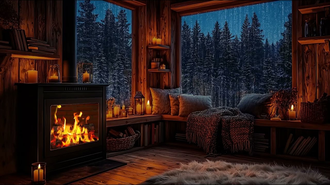 Rain and Thunderstorm in a Cozy Cabin Fireplace Crackle _ Deep Sleep Sounds for Calm Mind Relaxing
