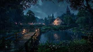 Rainy Night by the Moonlit Lake 🌧️ Cozy Piano Music & Peaceful Village Ambience