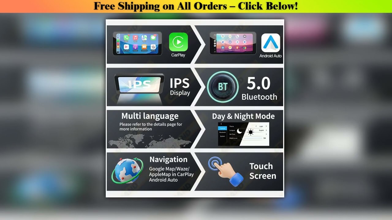 6.5" Motorcycle Smart Display Wireless CarPlay Android Auto Removable Bracket Portable IP67