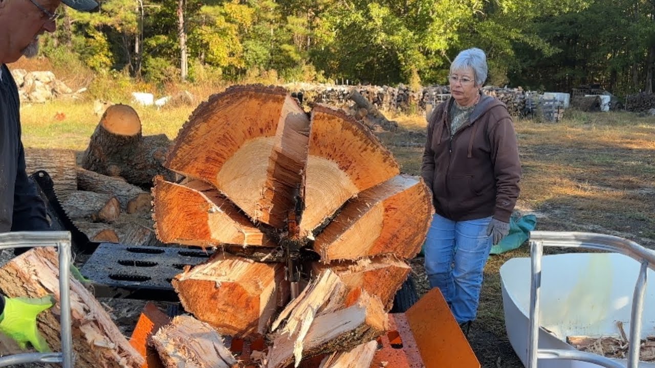 In the wood yard splitting big rounds #firewood #splitting # - YouTube