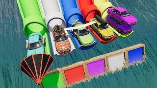 Funny Cars vs Slide Color with Portal Trap - FLYING CAR vs Waterfall - BeamNG #11