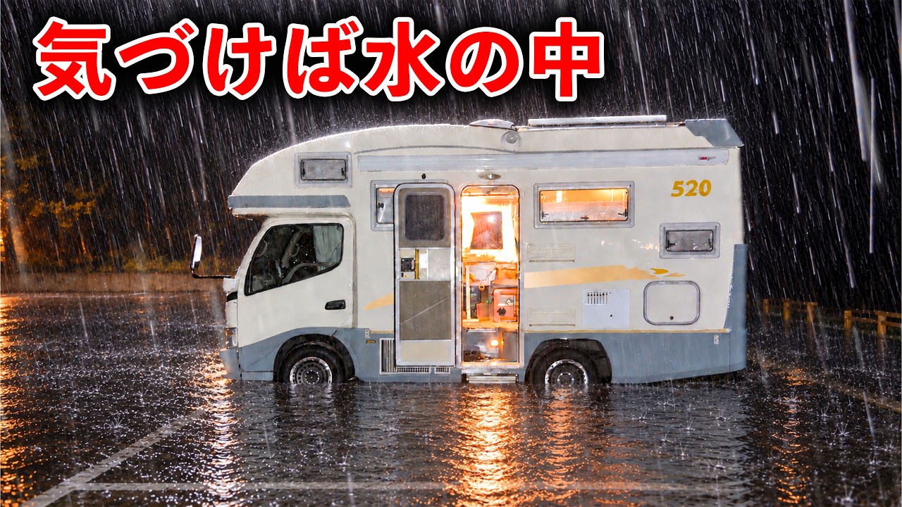 【大雨車中泊】もう逃げるしかない。雨水をろ過して暮らしていたら、駐車場が浸水して緊急避難