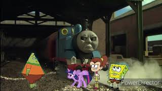 Thomas, Twilight Sparkle, and Luan Loud protecting SpongeBob from Flats the Flounder