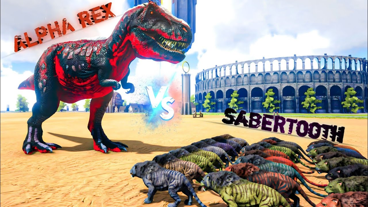 Who Will Win? | Fight Between 30 SABERTOOTH VS ALPHA REX | Epic ARK ...