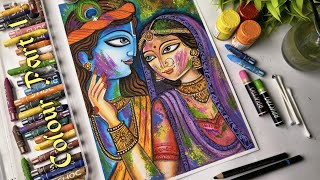 Easy Radha Krishna Holi Painting with Oil Pastels | Step by Step Tutorial for Beginners