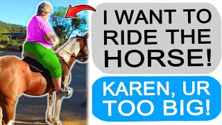 r/EntitledPeople - KAREN DEMANDS TO RIDE A HORSE SHE’S TOO BIG FOR!