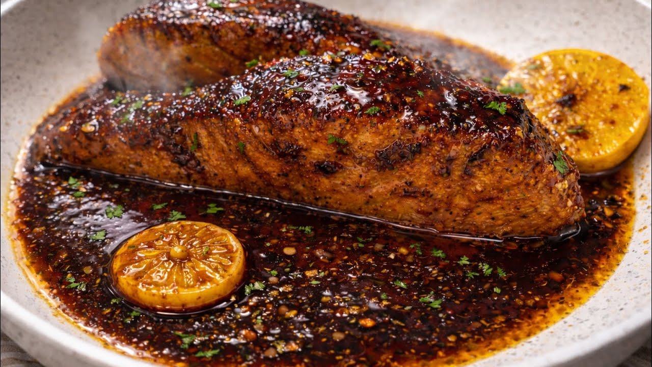 Лосось в липком медово-лимонно-чесночном соусе | Лосось, приготовленный по ресторанному рецепту з...