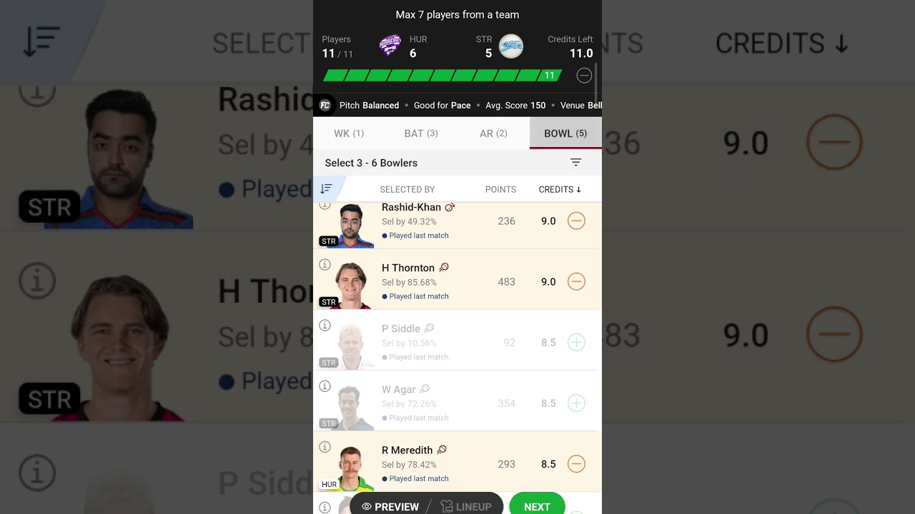 HUR vs STR Dream11 pridiction team | str vs hur big bash team | today match team | 