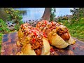A huge crispy hot dog cooked in nature by the river the taste is 10 times better