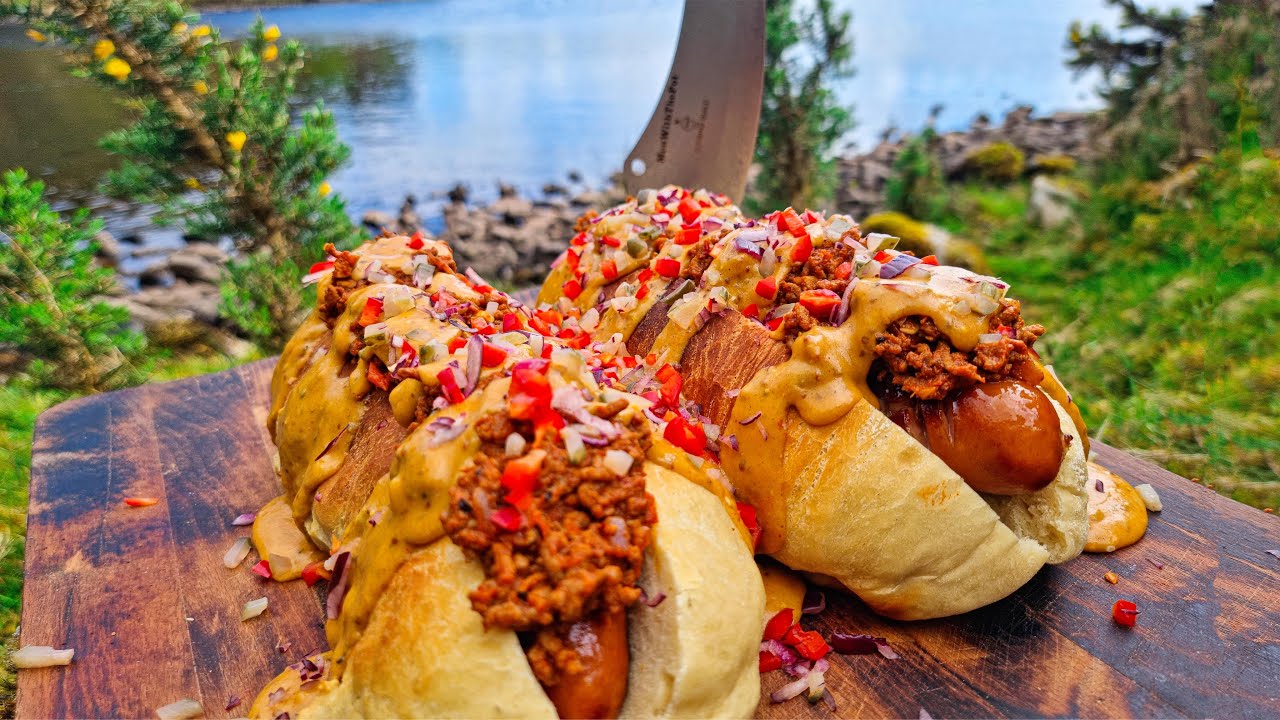 A huge crispy HOT DOG cooked in nature by the River! The taste is 10 times better!?