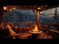 Winter cozy porch in mountains with peaceful piano music bonfire snow falling  blizzard sounds