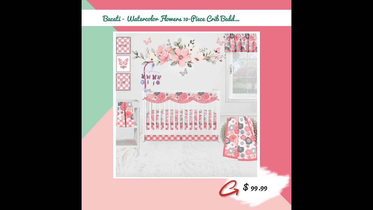 Bacati - Watercolor Flowers 10-Piece Crib Bedding Set with Crib Rail Guard - Coral/Gray Girls