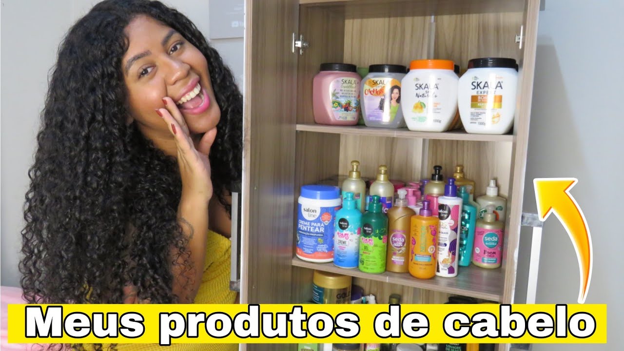 Tour pelos meus produtos de cabelo atuais - PRODUTOS PARA CACHOS 🪞✨️