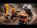 RC EXCAVATOR &amp; DUMP TRUCK WORKING TOGETHER! MINI CONSTRUCTION PROJECT IN ACTION SANYsy980 /HUINA1598