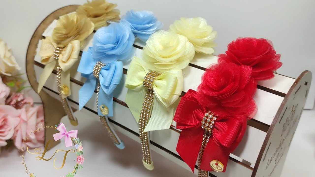 Como fazer Tiara Luxuosa com flor de organza e strass/ Laço cruzado