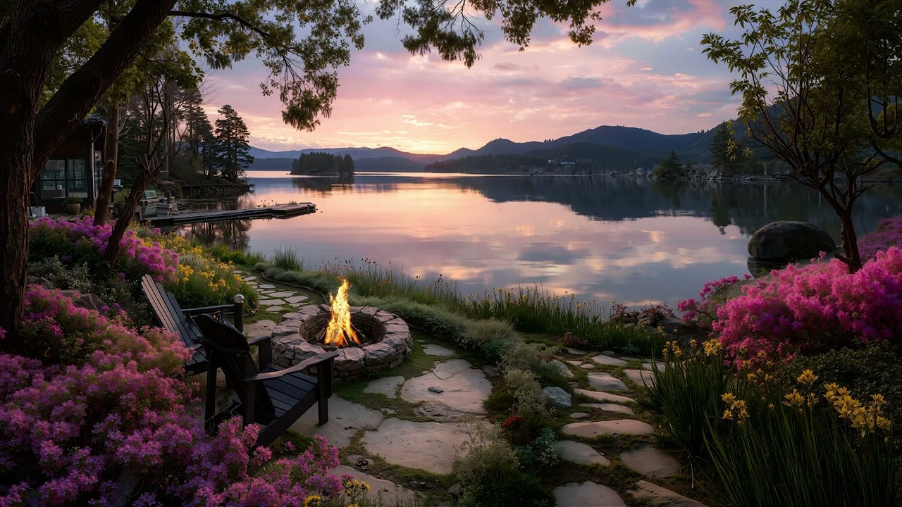 Peaceful Lake Sunset Ambience | Cozy Fire Pit, Garden Flowers and Relaxing Nature Sounds