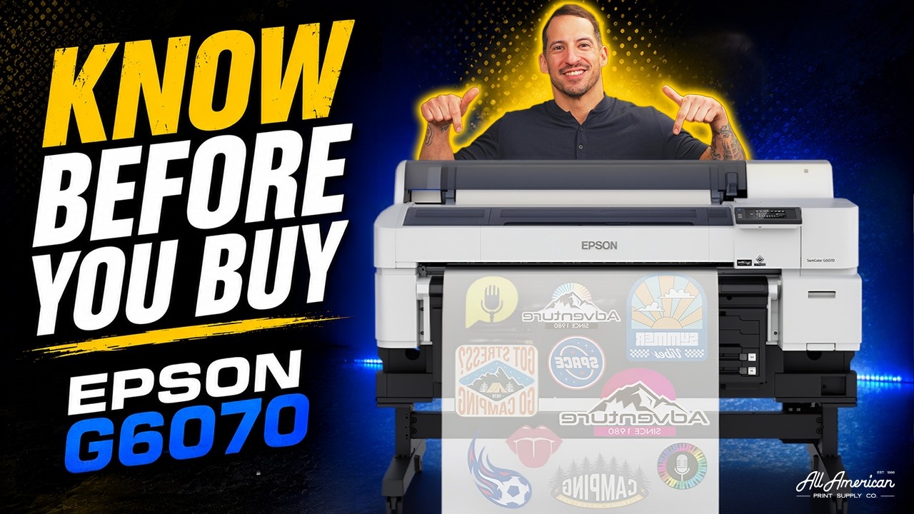 Video thumbnail: an AAPS presenter pointing at the Epson SureColor G6070 as it prints logo transfers onto film