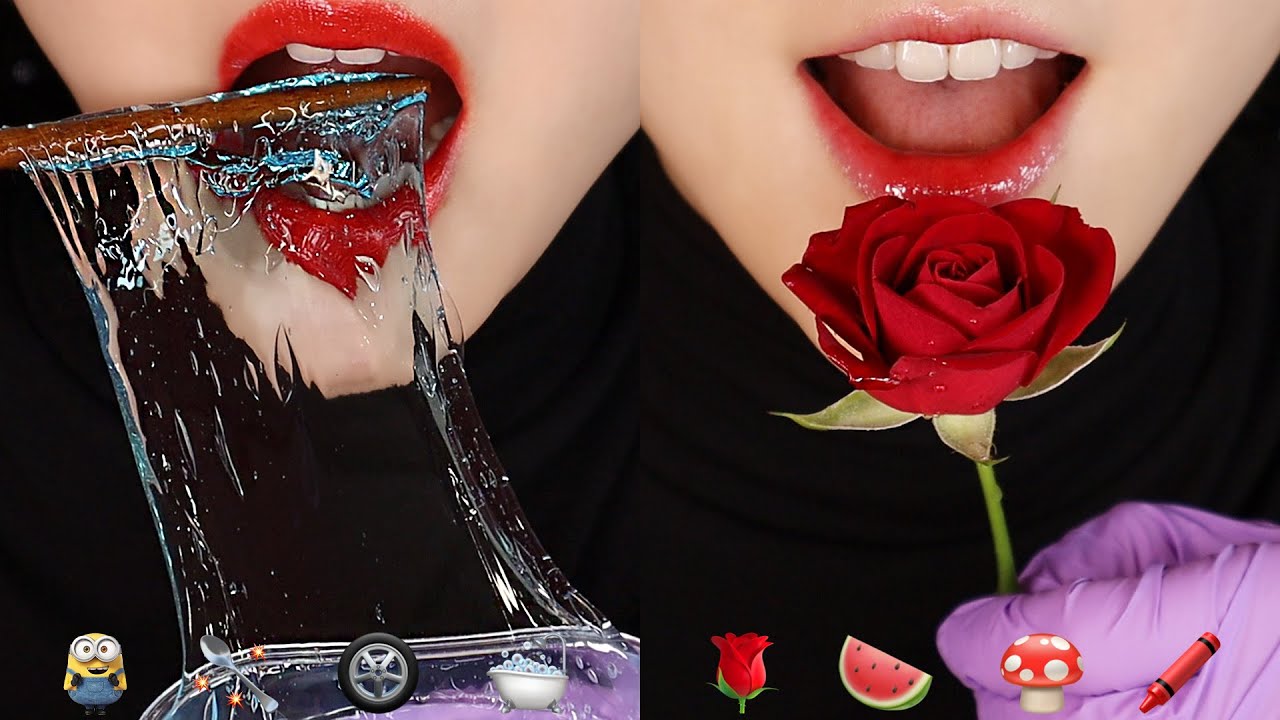 EMOJI FOOD CHALLENGE ASMR EDIBLE ROSE, BUBBLE JELLY MUKBANG 🌹