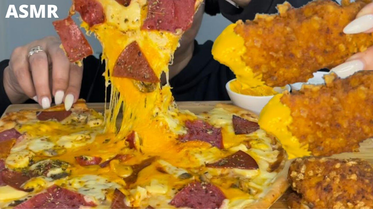 ASMR CHEESY PEPPERONI PIZZA & CHICKEN TENDERS MUKBANG 먹방 موكبانغ (No