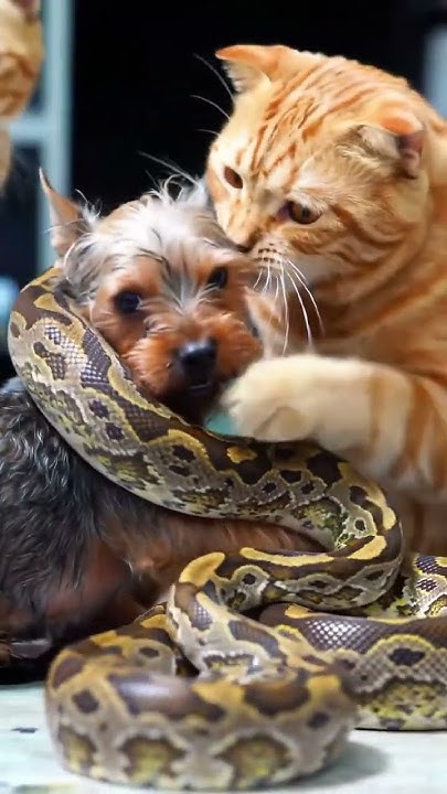 Dog wrapped around python, another cat tries to save the wrapped cat # ...
