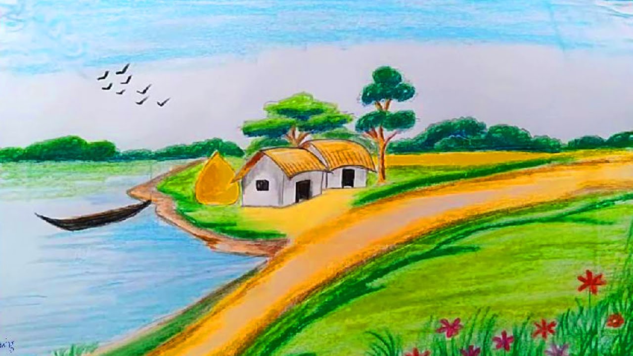 How to draw a village scenery Step by step very easy ll beautiful ...