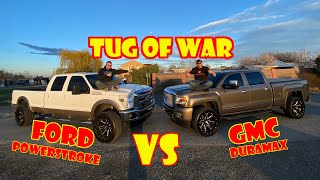 TUG OF WAR BETWEEN DURAMAX VS POWERSTROKE LIKE @whistlindiesel