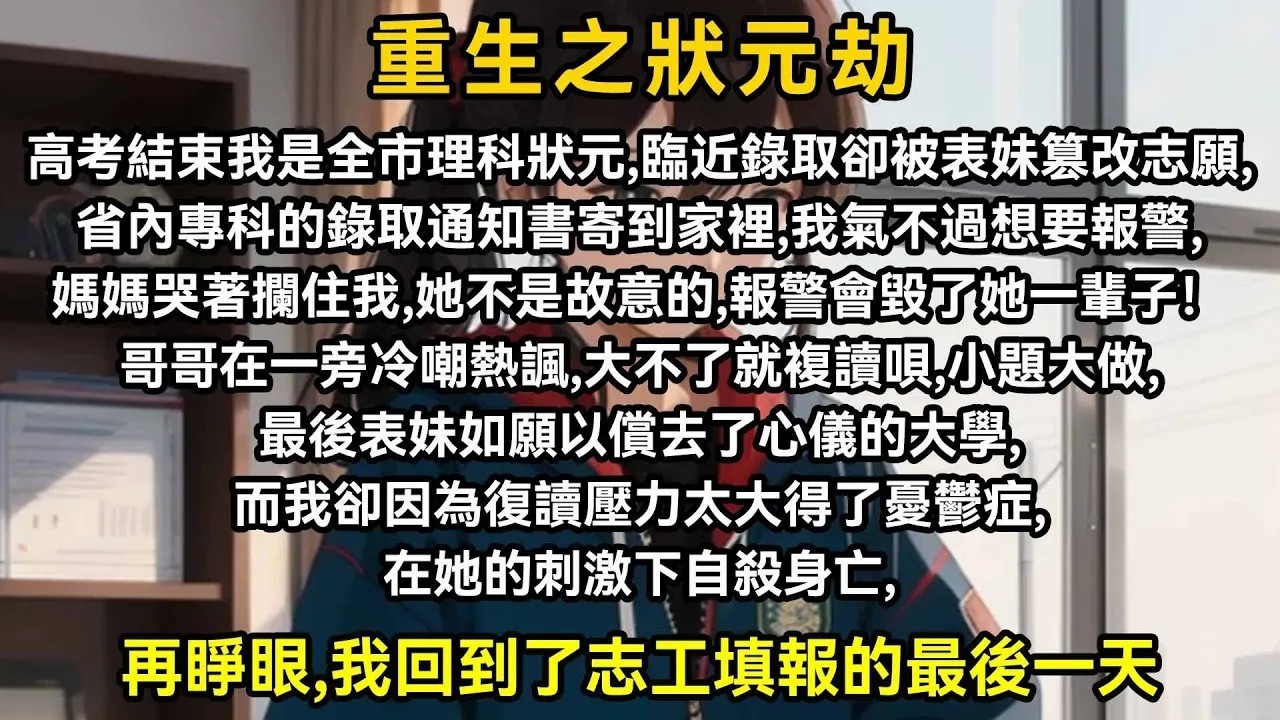 高考結束我是全市理科狀元，臨近錄取卻被表妹篡改志願，省內專科的錄取通知書寄到家裡，我氣不過想要報警，媽媽哭著攔住我，她不是故意的，報警會毀了她一輩子！哥哥在一旁冷嘲熱諷，大不了就複讀唄，小題大作