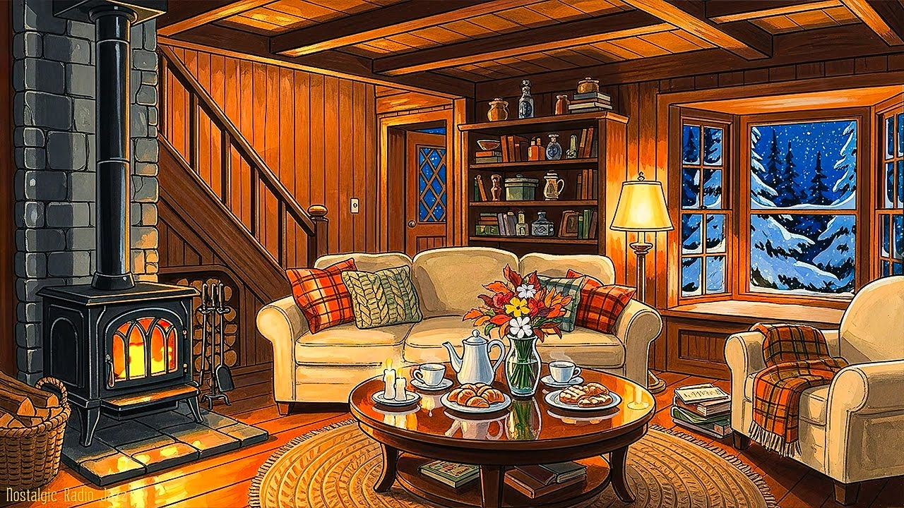 vintage oldies music for relax, unwind, sleep | a peaceful winter snowy & cozy fireplace crackling🔥