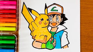 Drawing and coloring Ash Ketchum and Pikachu || How to draw Ash Ketchum and Pikachu